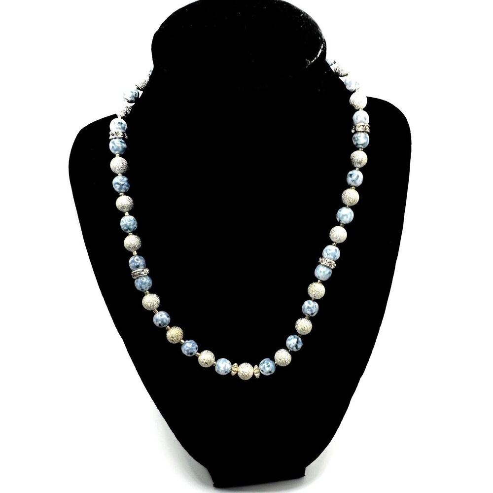 HAND MADE CERAMIC BEADED NECKLACE, BLUE & WHITE/ 18”